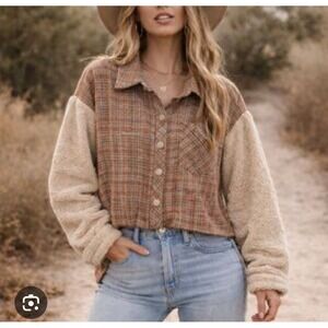 Paper Crane Plaid Mixed Media Sherpa Sleeve Shacket Jacket Brown Cream Large